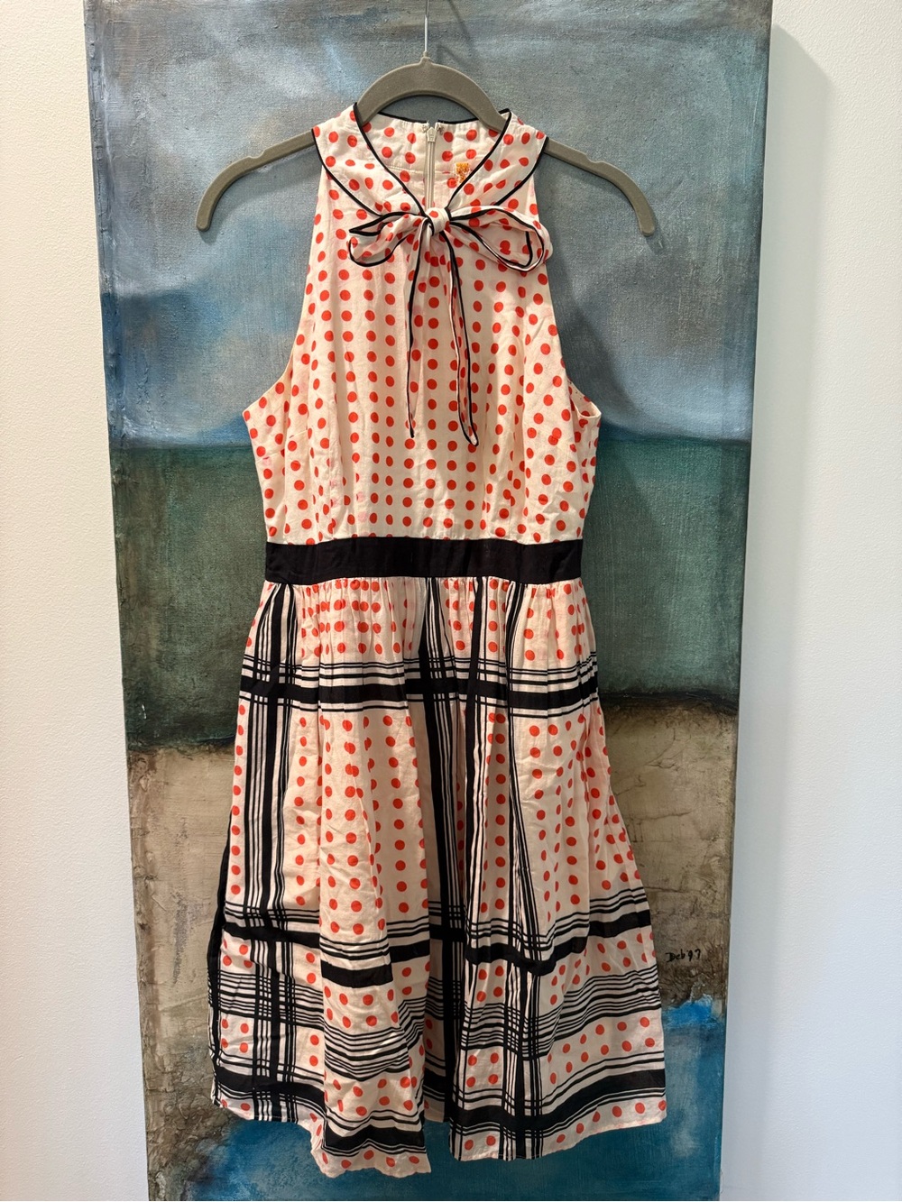 Anthropology Maeve Polka Dot Tie-Neck Dress in Cream and Coral with Black Trim
